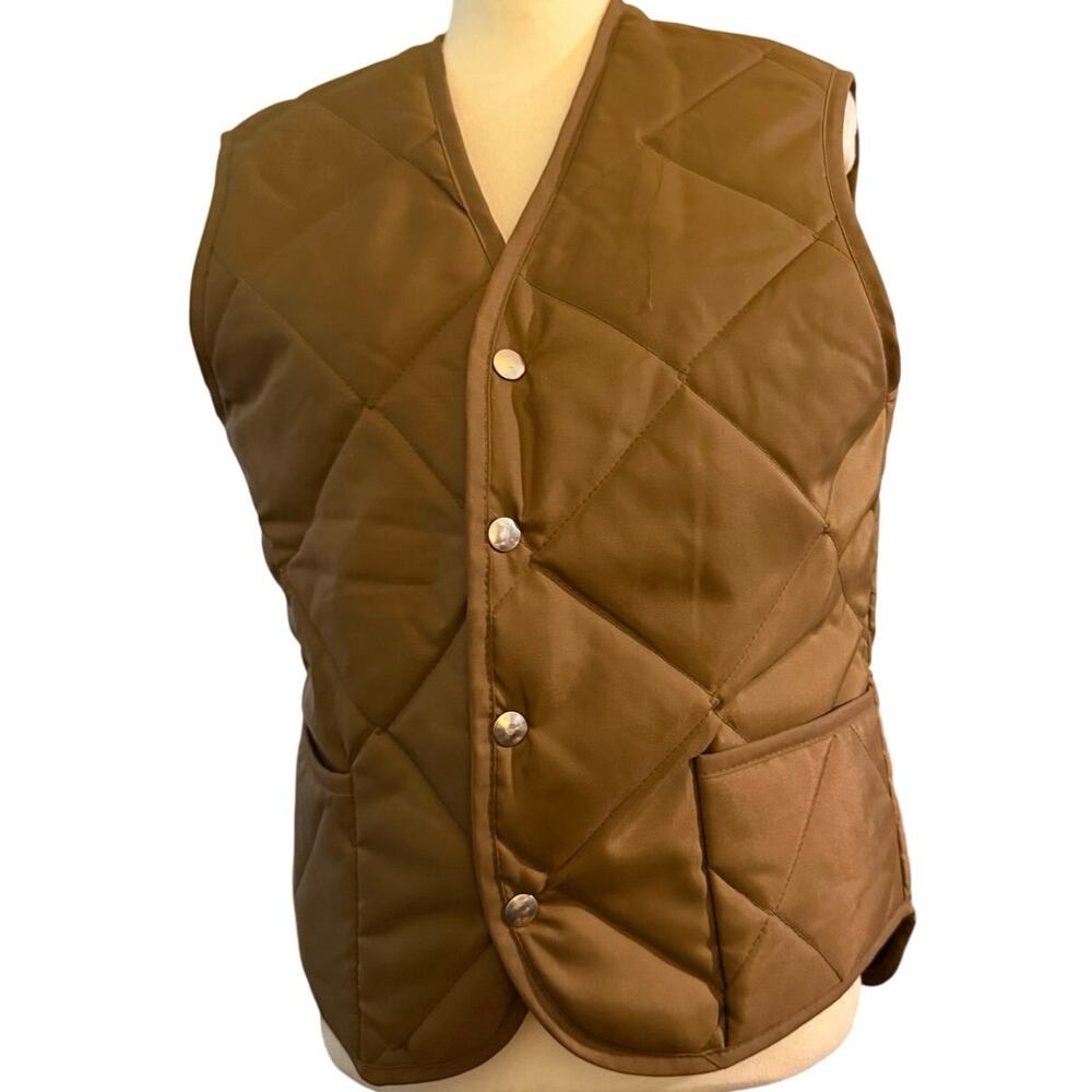 Vintage H&R Mfg Quilted Brown Workwear Vest Made in USA Snap Front Pockets M